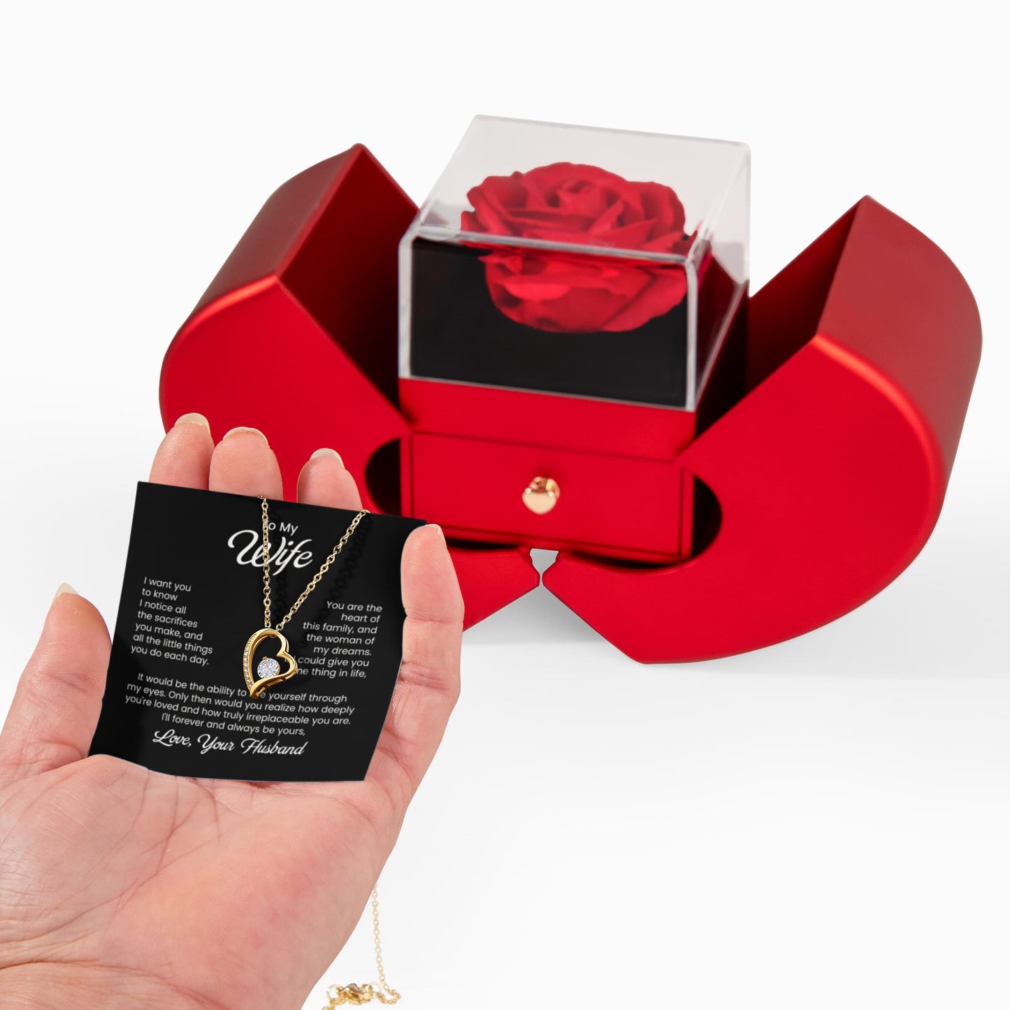 To My Wife Red Heart Rose Necklace